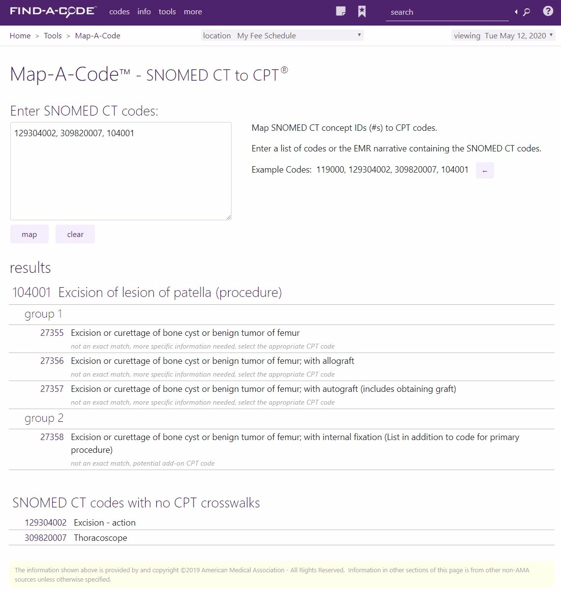 Map-A-Code tool for SNOMED CT to CPT crosswalks