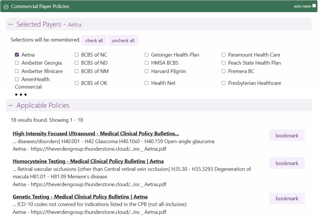 commercial payer policies for code