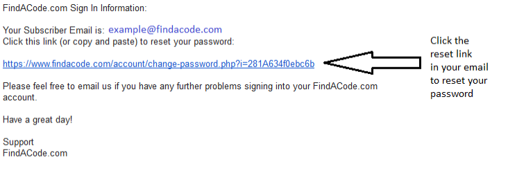 FindACode reset password email.