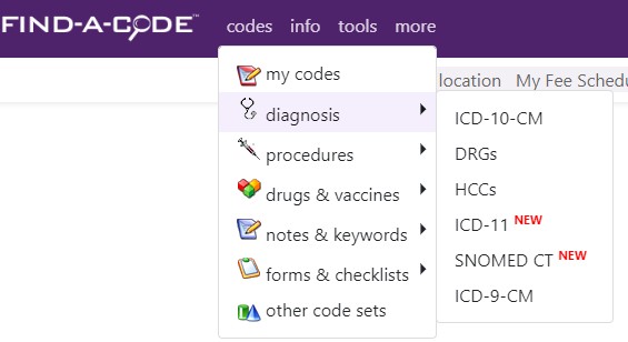 SNOMED CT code set added to diagnosis menu