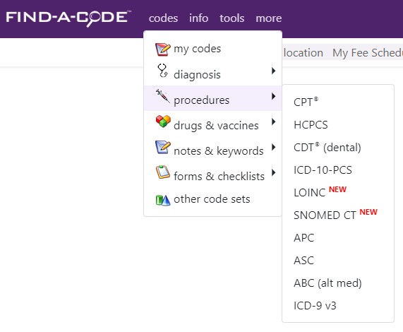 SNOMED CT added to the procedures menu