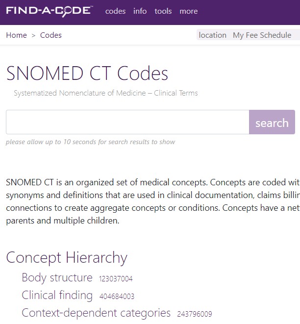 SNOMED search and hierarchy page