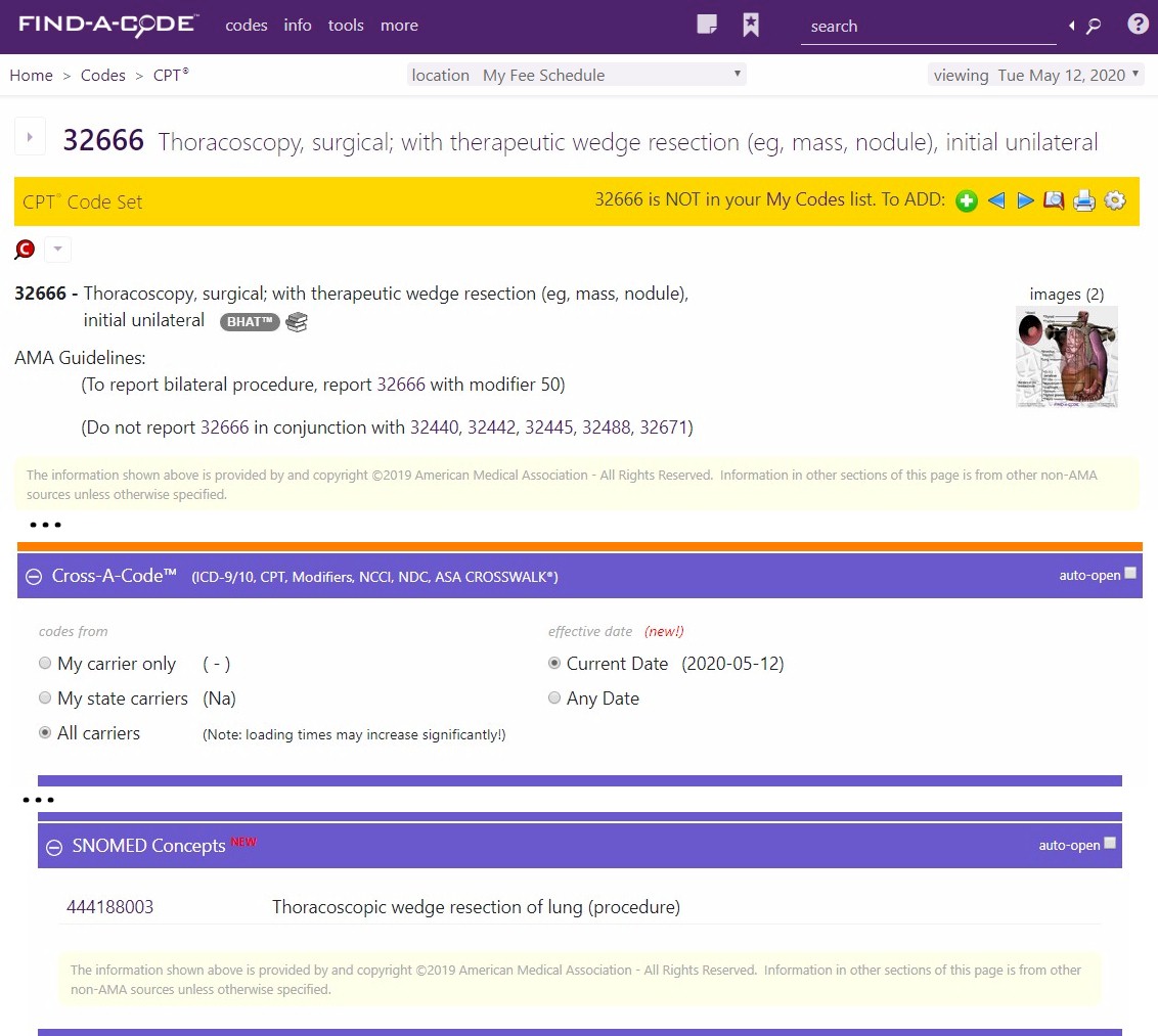 SNOMED CT concept crosswalks on CPT info pages in the Cross-A-Code section