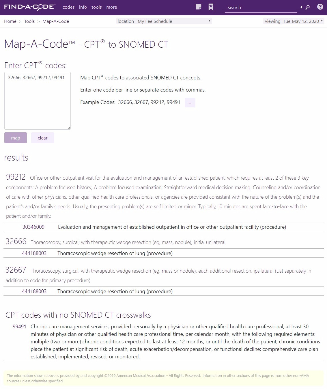 Map-A-Code tool for CPT codes to SNOMED CT crosswalks