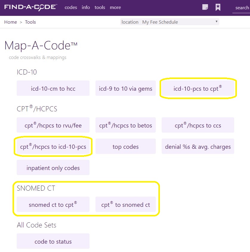 CPT crosswalks to ICD-10-PCS in Map-A-Code