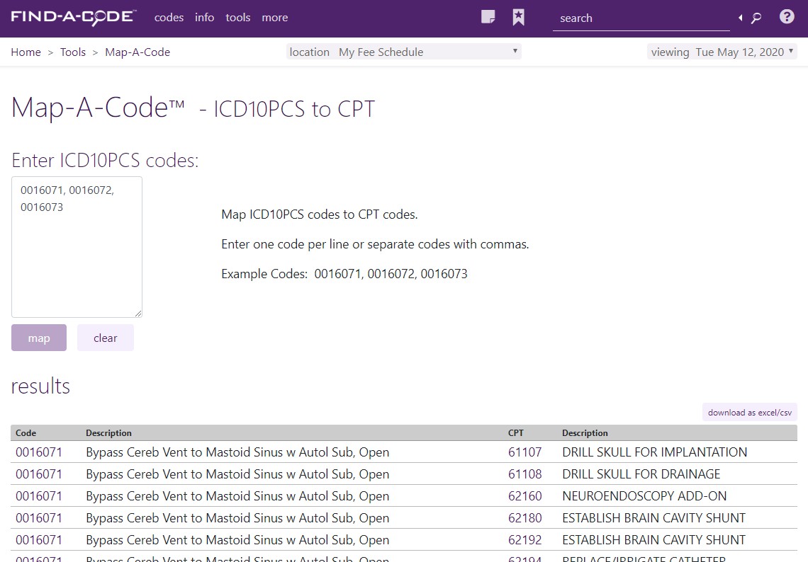 Map-A-Code ICD-10-PCS to CPT crosswalk tool