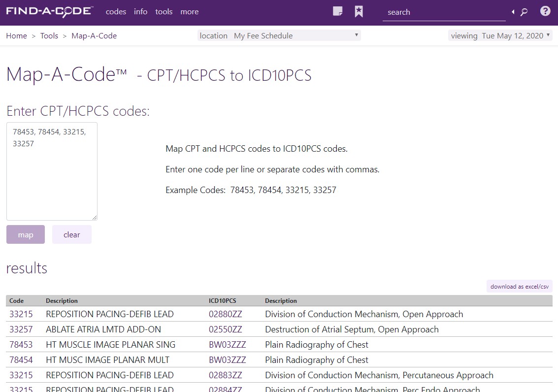 Map-A-Code CPT to ICD-10-PCS crosswalk tool