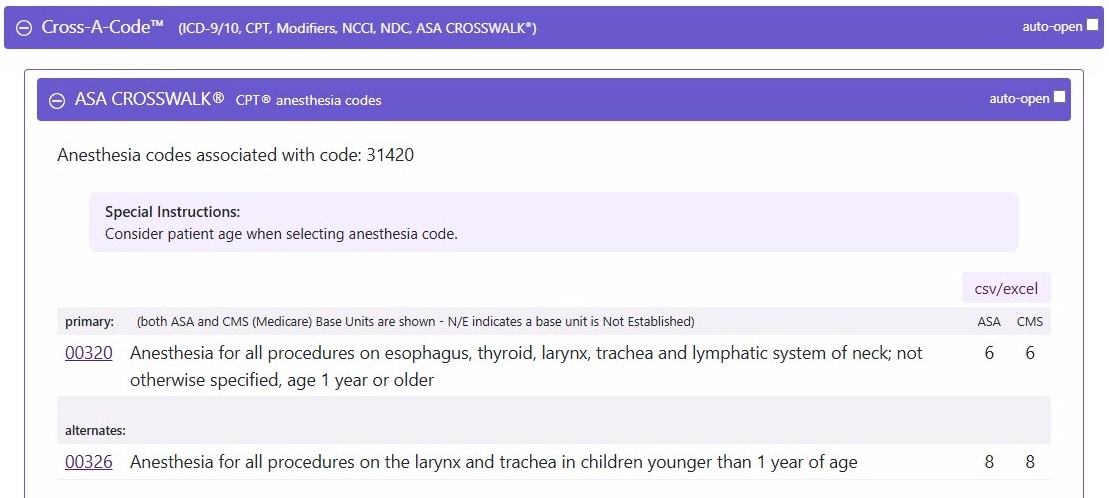 asa crosswalks Non-anesthesia Code