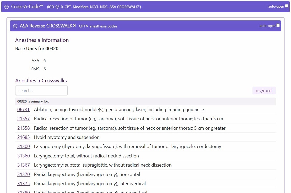 asa crosswalks Anesthesia Code