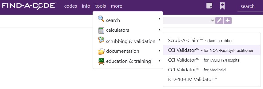 NCCI Edit validator tool menu items