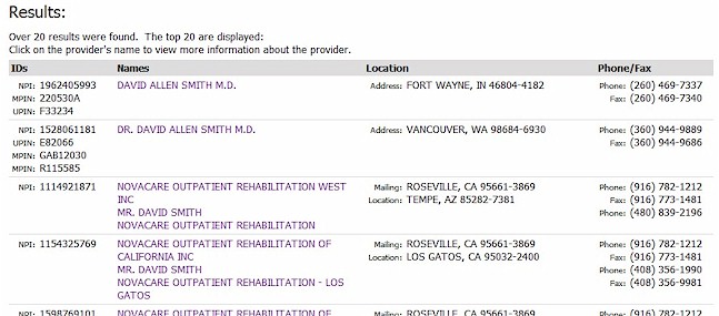 NPI Look-Up Tool Results - National Provider ID