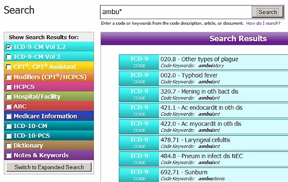 medical code word wildcard search