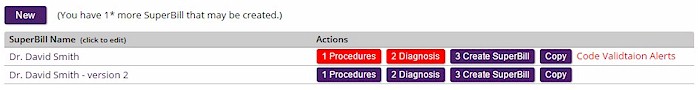 Screen image showing red buttons indicating procedure and/or diagnosis codes have been deleted or changed